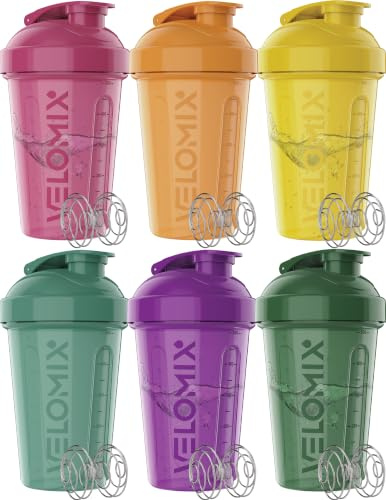 VELOMIX Protein-Shaker-Flasche für Proteinmischungen, auslaufsichere Shaker-Becher für Protein-Shakes, stapelbare Protein-Shaker-Flasche, spülmaschinenfest, Naturtöne, 6 Stück