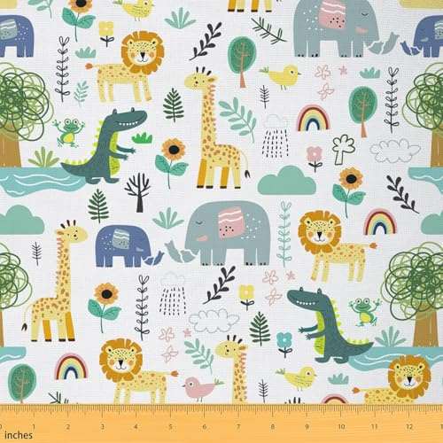 Homemissing Kinder Cartoon Zoo Tier Stoff 92x150cm Elefant Löwen Patchwork Stoffe Kawaii Giraffe Krokodil für Stühle Dschungel Tier Stoff Meterware Dekor
