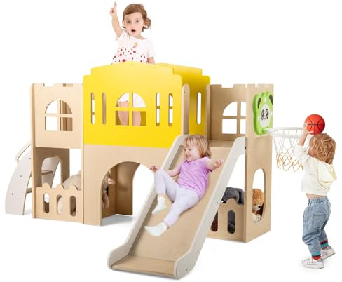 FANTASK Scivolo 7 in 1 per bambini, telaio da arrampicata con cestino da basket, struttura per arrampicata, tunnel e spazio di archiviazione, interni ed esterni, scivolo per bambini in legno per