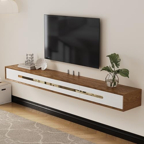 Console d'entrée en marbre avec miroir, meuble TV mural moderne, meuble TV flottant, console multimédia murale, meuble de divertissement en bois avec porte à rabat, éclairage LED, design à d