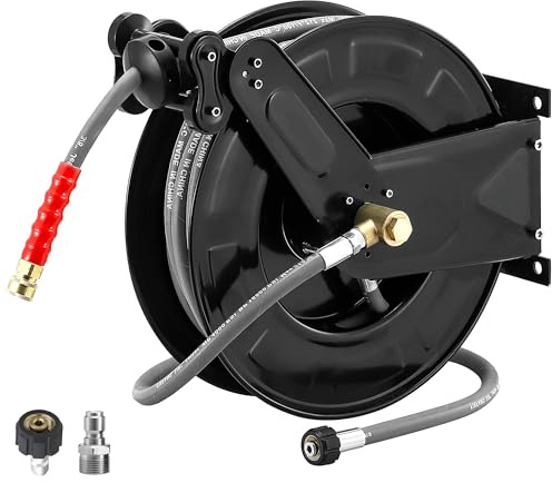 M MINGLE Avvolgitubo per idropulitrice, 1 cm x 1,5 m, 4000 PSI per acqua calda/fredda | Avvolgitubo in acciaio auto-retrattile ad alta potenza, montaggio a parete, tubo intrecciato in filo, nero