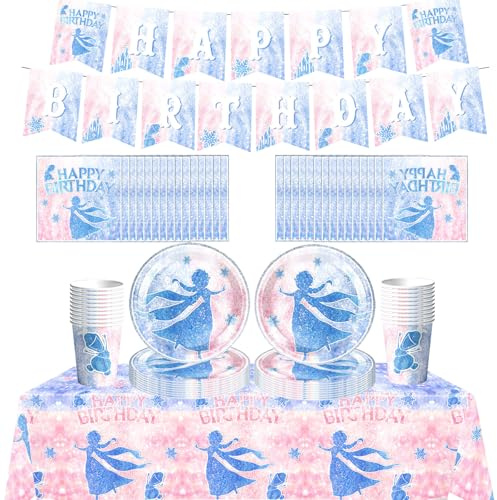 Doyomtoy 62PCS Set di stoviglie per feste di compleanno per bambini Frozen, tema Elsa e Anna, striscione, piatti, bicchieri, tovaglioli, tovaglia, set per 20 persone