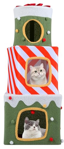 COSTWAY Árbol de Navidad para Gatos, 120 cm Torre Gatos de Caja Navideña con 3 Condominios y Cuevas de Escondite, Tejido de Peluche, Bola Colgante, Casa Gato de Interior para Decoración Navideña