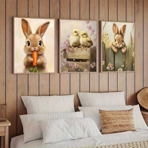 TROYSINC 3er Premium Ostern Kaninchen Leinwand Poster Set, Niedliche Kaninchen Küken &Karotten Wandbilder Set, Bilder Kinderzimmer Deko Babyzimmer, Geschenk Mädchen Jungen, Ohne Rahmen (40x50cm)