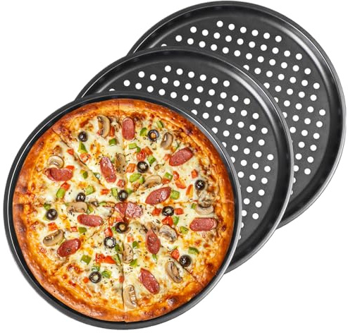 SXTDKMJ 3 Stück Pizzablech Rund 32cm, Pizza Blech mit Gelocht Pizzapfanne Backblech Pizzaform Pizzableche für Pizza Flammkuchen