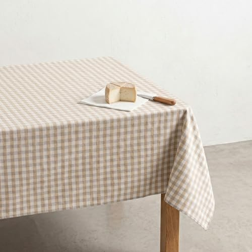 GAMUSI Fleckabweisende Tischdecke mit Vichy-Karo, quadratisch, Baumwollgewebe, natürliches Gefühl, 140 x 140 cm, Leinen