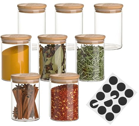 Baroni Home Set 8 Barattoli in Vetro Borosilicato con Tappo in Bamboo, Portaspezie in Vetro con Etichetta e Pennarello, Contenitori Alimentari Ermetici Lavabili in Lavastoviglie, Design Minimal