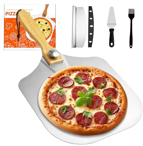 Accesorios para hacer horno de pizza, juego de paletas de pizza de metal de aluminio, paleta giratoria de pizza de 12 pulgadas con pala de mango de madera plegable, cortador de pizza, pala de metal