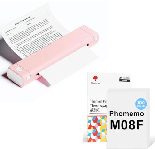 Phomemo M08F A4 Rosa Weiß Tragbarer Drucker mit 100 Blatt A4 Thermopapier, Kabelloser Bluetooth Mobildrucker für Reisen, Auto, Büro & Zuhause