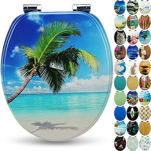 SANFINO® Premium WC Sitz mit Absenkautomatik – hochwertige Toilettendeckel aus Holz, viele bunte Motive, hoher Sitzkomfort, einfache Montage inklusive Montageanleitung – Palm