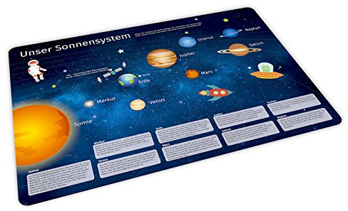stabiles Vinyl Tischset mit Lerneffekt für Kinder Platzdeckchen Platzset abwaschbar reißfest farbecht (Sonnensystem)