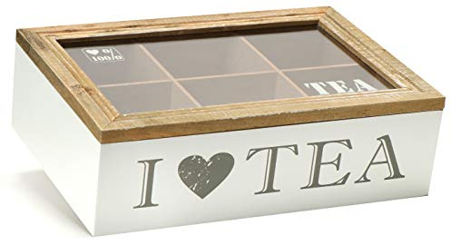 com-four® Caja de Almacenamiento para bolsitas de té - Caja de bolsitas de té de Madera Blanca con Tapa - Caja de té con 6 Compartimentos y Ventana de Vidrio (1 Pieza - Blanco/marrón/Gris)