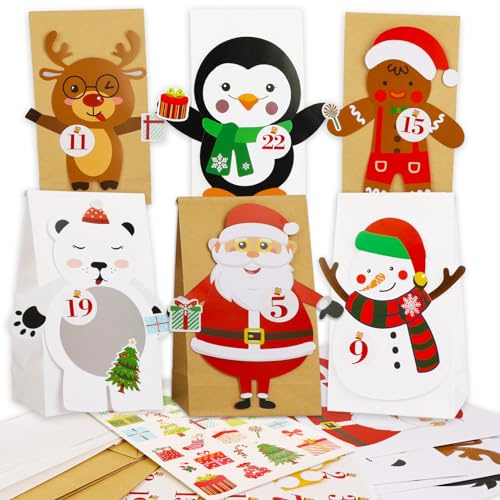 HOWAF Adventskalender zum Befüllen, 24 Papiertüten Adventstüten und 24 Zahlen Aufkleber, Klammern, Adventskalender Selber Befüllen DIY Weihnachtskalender zum Befüllen