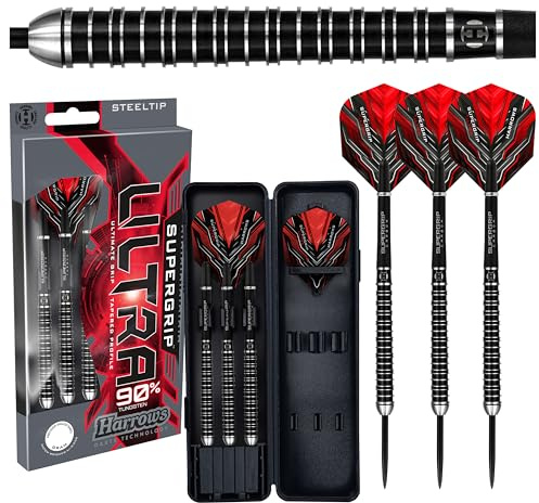 Harrows SUPERGRIP Ultra Darts-Set mit 90% Wolframstahlspitze. Erhältlich in 21 g, 22 g, 23 g, 24 g, 25 g, 26 g, 28 g und 30 g – inklusive Supergrip-Carbonschäfte, Supergrip-Flights (25g)