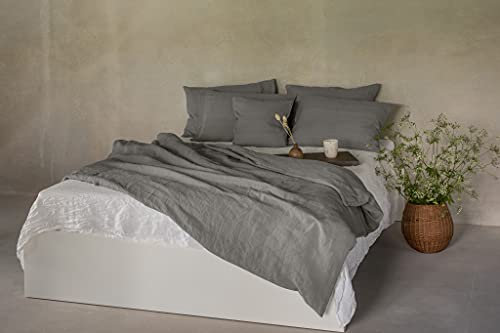 Ger3as Leinen Bettwäsche Set 100% Natur Leinen Stonewashed, Naturfaser, mit Hotelverschluss (Grau, 135 x 200 cm, 40 x 80 cm)