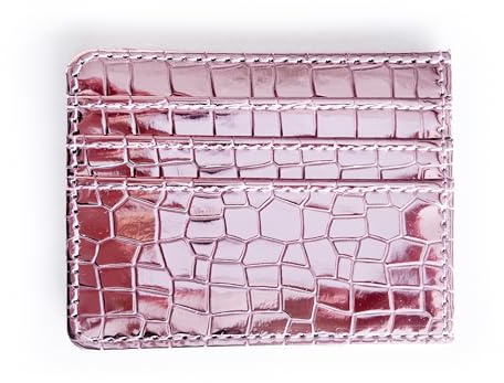 SWEDEY Super Shiny Slim Credit Card Holder Mini Front Pocket Wallet in Mirror Metallic Faux Crocodile pattern (Metalic Pink)