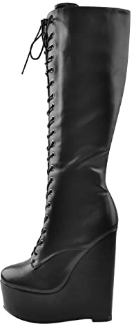 Only maker Damen Keilstiefel Plateau Stiefel Knee Boots Glatt Schwarz 40 EU