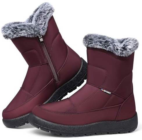 SHIBEVER Women's Snow Boots Winter: Waterproof Fur Lined Anti-Slip Ankle Booties Outdoor Comfortable Furry Women Snow Boot Red Size 8