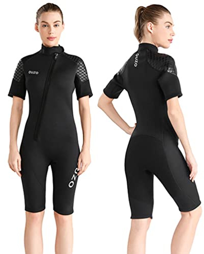 YuanDiann Damen 3MM Shorty Neoprenanzug Fischmuster Verdicken Warmer Tauchanzug Schnorcheln Surf Stretch Frontreißverschluss Kurzarm Badeanzüge Schwarz M