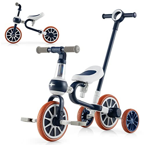COSTWAY 4 in 1 Kinder Dreirad & Laufrad & Balance Bike & Schiebeauto mit verstellbarem Schiebegriff und abnehmbaren Pedalen,für Kinder ab 1 Jahre (Blau)