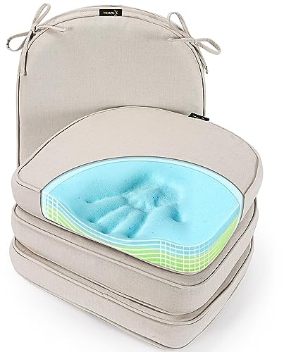 SUNROX Gel Memory Foam Chair Cushions, FadeShield Water-, Stain-Resistant Durable Reversible Seat Cushion Pads with Ties for Indoor/Outdoor Kitchen Dining Office, 17x16, Set of 4, Cream