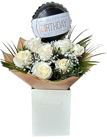 Pure Elegance Birthday Flowers – Fresh White Roses with Baby’s Breath and Happy Birthday Balloon, Make every birthday extra special with this Pure Elegance Birthday Bouquet.
