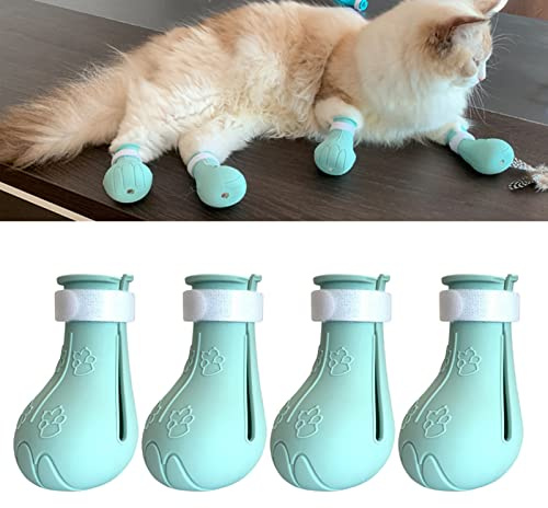 4 Stück Silikon-Anti-Kratz-Katzenschuhe, Anti-Off-Schuhe, Nagelhandschuhe, Katzenstiefel Nur für Katzen, Silikon-Haustier-Katzenpfotenschutz, Katzenfüße, Krallenabdeckungen für die(Grün)