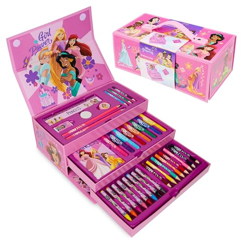 Disney Prinzessinnen Marker & Farbkasten Set, Zeichen- und Malset, 34-Teiliges Kunstset für Kinder mit Notizblock & Schreibwaren (Rosa)