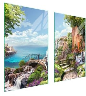 TMK ArtDeko Herdabdeckplatten Set 75x52 cm Ceranfeld Abdeckung Glas Spritzschutz Abdeckplatte Glasplatte Herd Ceranfeldabdeckung Deko Schneidebrett, Landschaft