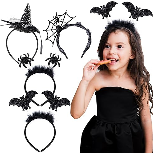 BOFUNX 4 Stücke Halloween Haarreif Kinder Halloween Haarschmuck Spinne Haarreif Fledermaus Haarreifen Hexenhut Stirnband für Halloween Cosplay Kostümpartys Mottopartys Karneval & Fasching