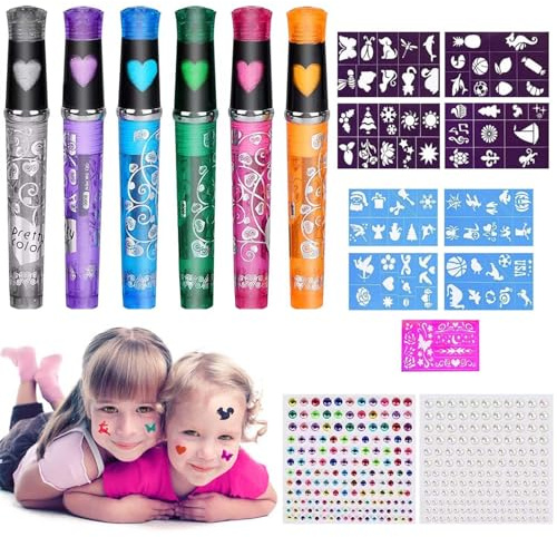 6 Pcs Stylos Tatouage Enfant,Set Tatouage Paillette,Tatouage Temporaire,Stylos Gel à Paillettes Tatouage Kit,avec 9 Pochoir Tatouage, 2 Feuilles D'autocollants de Strass,pour Halloween,Noël,Fête