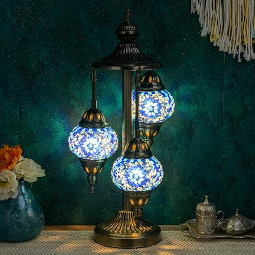 Marrakech Turkish Lamp 3 Globes Moroccan Table Lamp with Bronze Base, 23 Tall Handmade Blue Tiffany Mosaic Glass Night Light Fixture Including LED Bulb for Living Room Bedroom Decor
