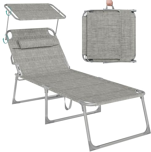 SONGMICS Große Sonnenliege, klappbarer Liegestuhl, 200 x 71 x 38 cm | Belastbarkeit 150 kg, Sonnenschutz, Kopfstütze, verstellbare Rückenlehne, für Garten Pool Terrasse, greige, GCB022G01