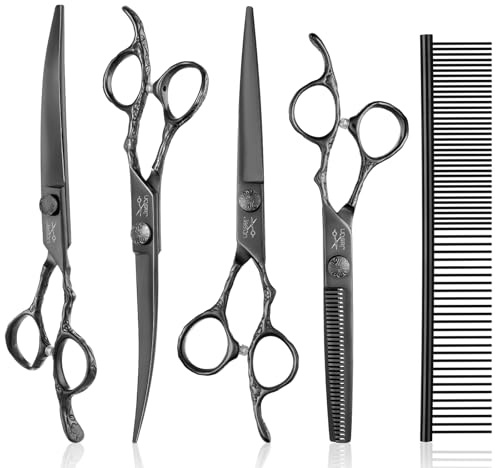 JASON Dog Grooming Scissors Set Professional 6 in 1 Dog Shears Kit - 6.5 Thinning, 7 Straight, 7 Up-Curved, 7 Down-curved Shears and Comb for Dog Cat Pet with Adjustable Screw (Black) Christmas