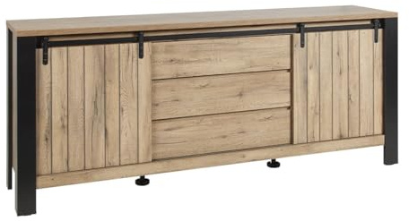 CLODIUS - Buffet 2 Portes Coulissantes 3 Tiroirs Métal et Aspect Bois