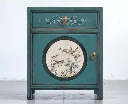 OPIUM OUTLET Furniture Bedside Table Bedside Table Bedside Cabinet Chest of Drawers Vintage Chinese Asian Oriental Hand Painted Wood Fully Assembled Emerald Green