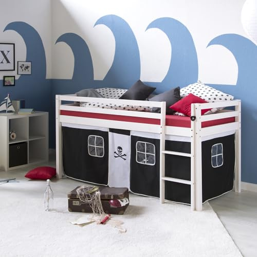 Homestyle4u Kinderhochbett Pirat 90x200 cm Holz Kinderbett mit Matratze | Hochbett inklusive Lattenrost, Leiter & Vorhang, Kiefer Massivholz Weiß Schwarz, platzsparendes Spielbett für Kinder