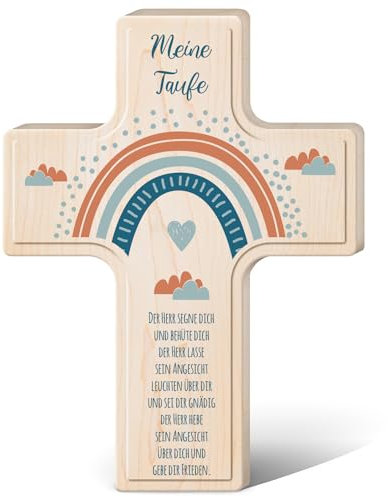 GRAVURZEILE Personalisiertes Kinderkreuz zur Taufe Kommunion und Konfirmation - Regenbogen - Holzkreuz für Kinder personalisiert mit Text - Personalisierte Geschenke für Jungen und Mädchen - Blau