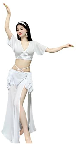 GeRRiT Frauen Bauchtanz Rock, Kurze Ärmel Top + Lange Rock 2 Stücke Oriental Performance Training Anzug Bauchtanz Outfit Sexy Bauchtanz Kleidung,Weiß,M