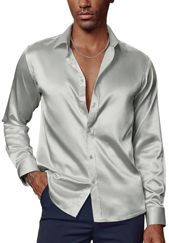 PJ PAUL JONES Chemise Homme Chemise en Satin à Manches Longues avec Noeud Papillon Assorti Patte de Boutonnage Chemise de Costume Coupe Slim M Gris Argenté