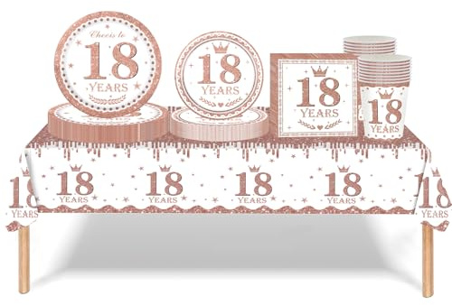 Rose Gold 18th Birthday Decorations - 69pcs Tableware Set for Her, Includes Tablecloth, Plates, Napkins, and Cups