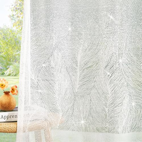 Deconovo Ösenvorhang Transparent Vorhang Gardinen Wohnzimmer Voile Schal Gardine Stickerei für Balkon Schlafzimmer, 245x140 cm(HöhexBreite), Weiß, 2er Set