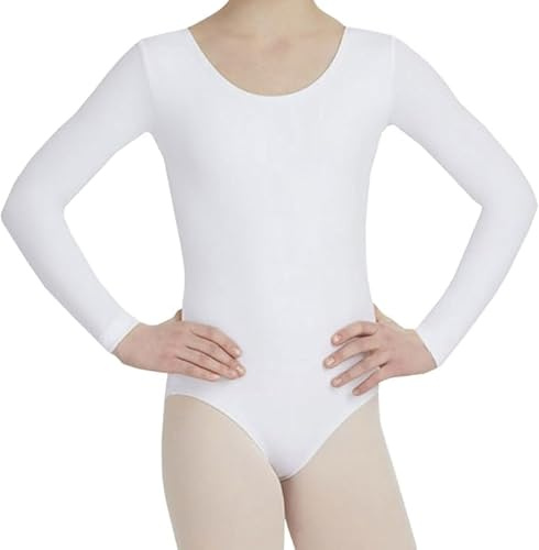 reshmena® Leotard Girls Long Sleeve Gymnastics Leotard, Ballet Dance Tops Bodysuit Leotards, One-Piece Unitards, Jumpsuit Girl Dancing Ballet Athletic Leotards for Girls 13 Yrs White