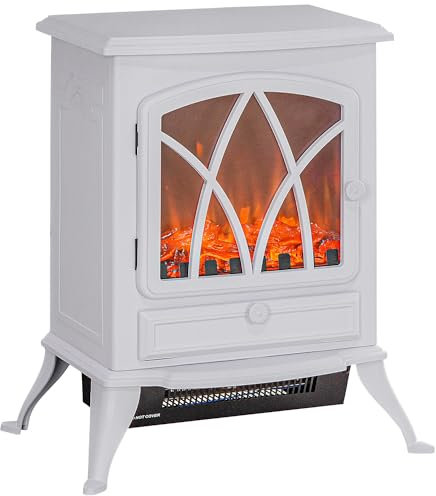 HOMCOM Chimenea Eléctrica de Pie 1000W/2000W Chimenea Decorativa con Ventana Efecto de Llama Brillo Ajustable y Protección Sobrecalentamiento para 15-30 ㎡ 45x28,5x54 cm Blanco