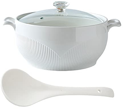 Ceramic Soup Tureen with Glass Lid and Ladle -litres Soup Serving Pot Bowl, Diamond Lid - Oven Microwave Cooking Safe