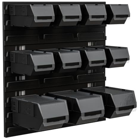 SimpleThing Lagersystem Werkstattregal | 39 x 39 cm | mit Stapelboxen sehr Stabil ExE-Box type | Wandregal - Wandplatten Extra Starke Schüttenregal Warkzeuglochwand Lagerregal Garage Regal