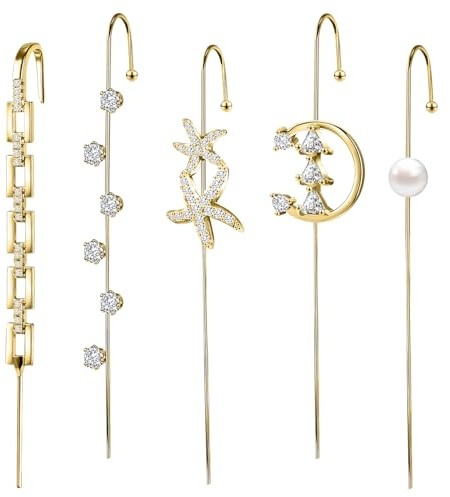 AccGin Trendy Pierced Ear Crawler Earrings for Women Gold & Silver Snowflake Rhinestone Helix Hook Set Fashionista Jewelry with Secure Ear Plug Fixer for Daily & Evening Outfits
