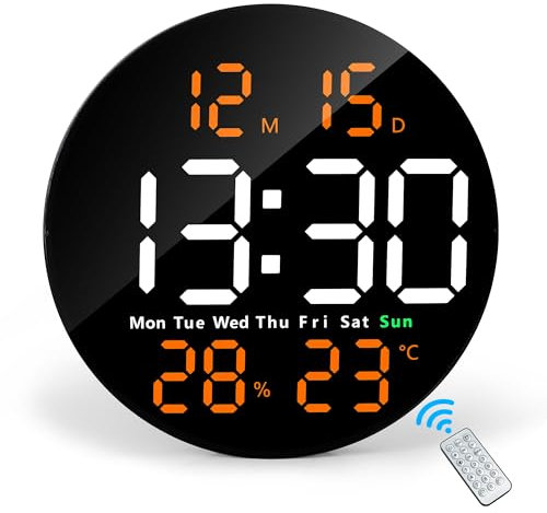 Lafocuse 10 LED Large Digital Wall Clock Powered by Cable with Remote Control, Date, Temperature, Timer, DST and Dual Alarm, Silent Modern Clocks Decor for Living Room, Bedroom, Office, Gym (Orange)