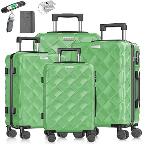 KESSER® Reisekoffer Set 4-teilig | Kofferset ABS Hartschalenkoffer mit Zahlenschloss, Kofferwaage & Reisebrieftasche 360° Rollen | Handgepäck & große Koffer für Business & Reise Trolley Apple Green