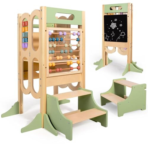 aiwo Step Stool for Kids, Learning Stool with 3 Adjustable Height, Standing Stool with Chalkboard & Activity Games